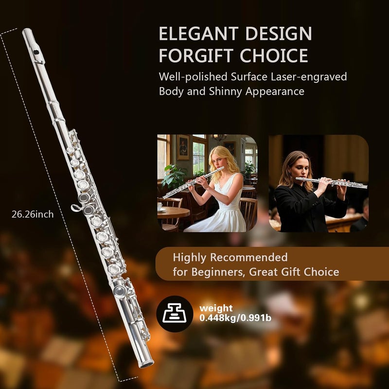 INEFFA Professional Nickel Plated C Flute for Beginners and All Levels, 16 Key Closed Hole with Ergonomic Design, Includes Carrying Case, Gloves, Cleaning Cloth, Tuning Rod, - Image 5